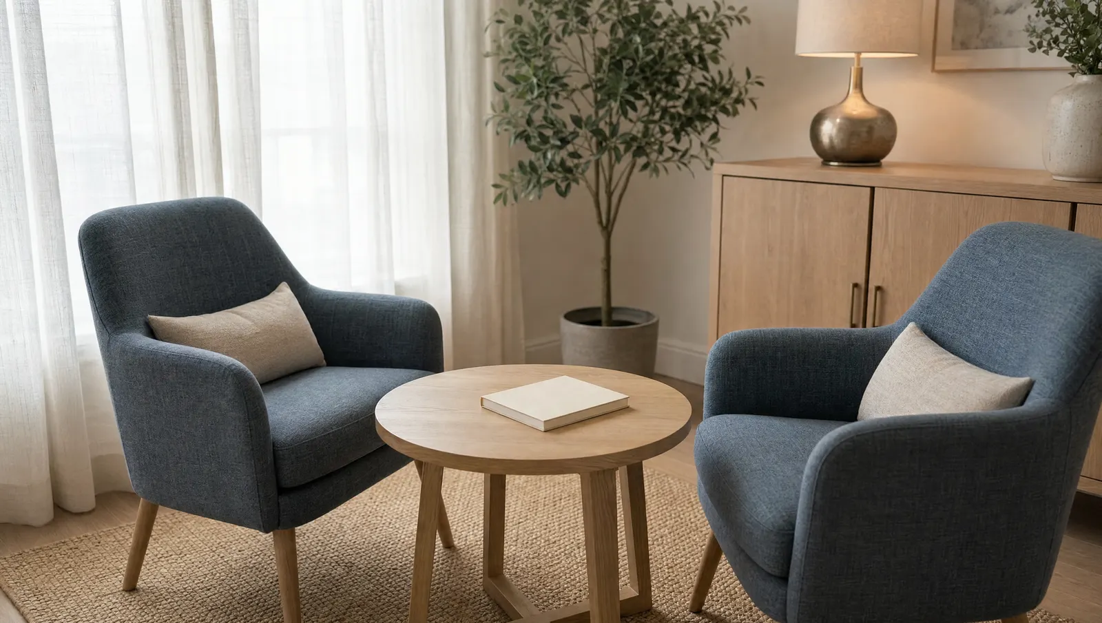 Illustrative two armchairs in a quiet property consultation room
